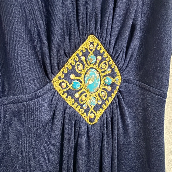 Vintage 1970sNavy Blue Halter Maxi Dress with Faux Turquoise Embelishment Size S - Picture 3 of 8